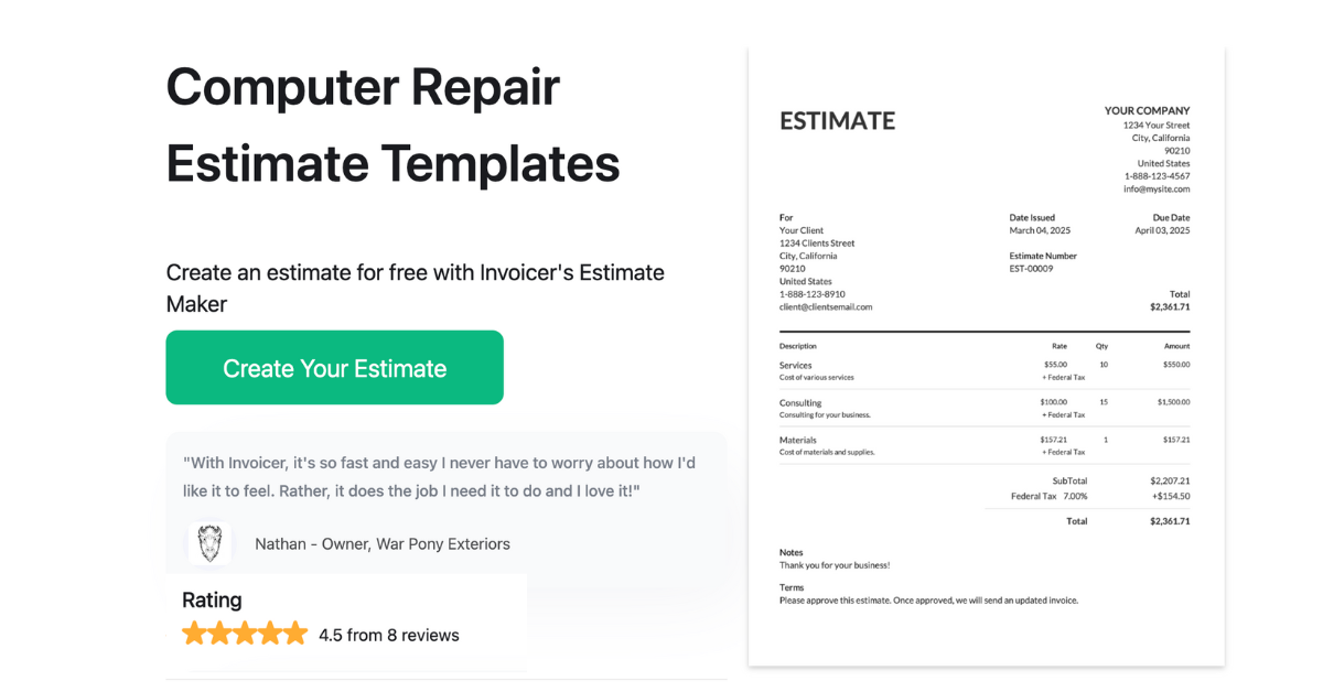 Picture of Free Computer Repair Estimate Templates | Invoicer.ai